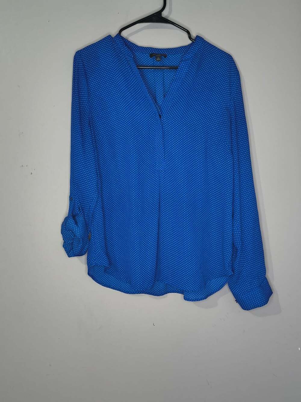 Limited Polka Dot Long Sleeve Blue Blouse Size Large Popover Roll Tab V Neck